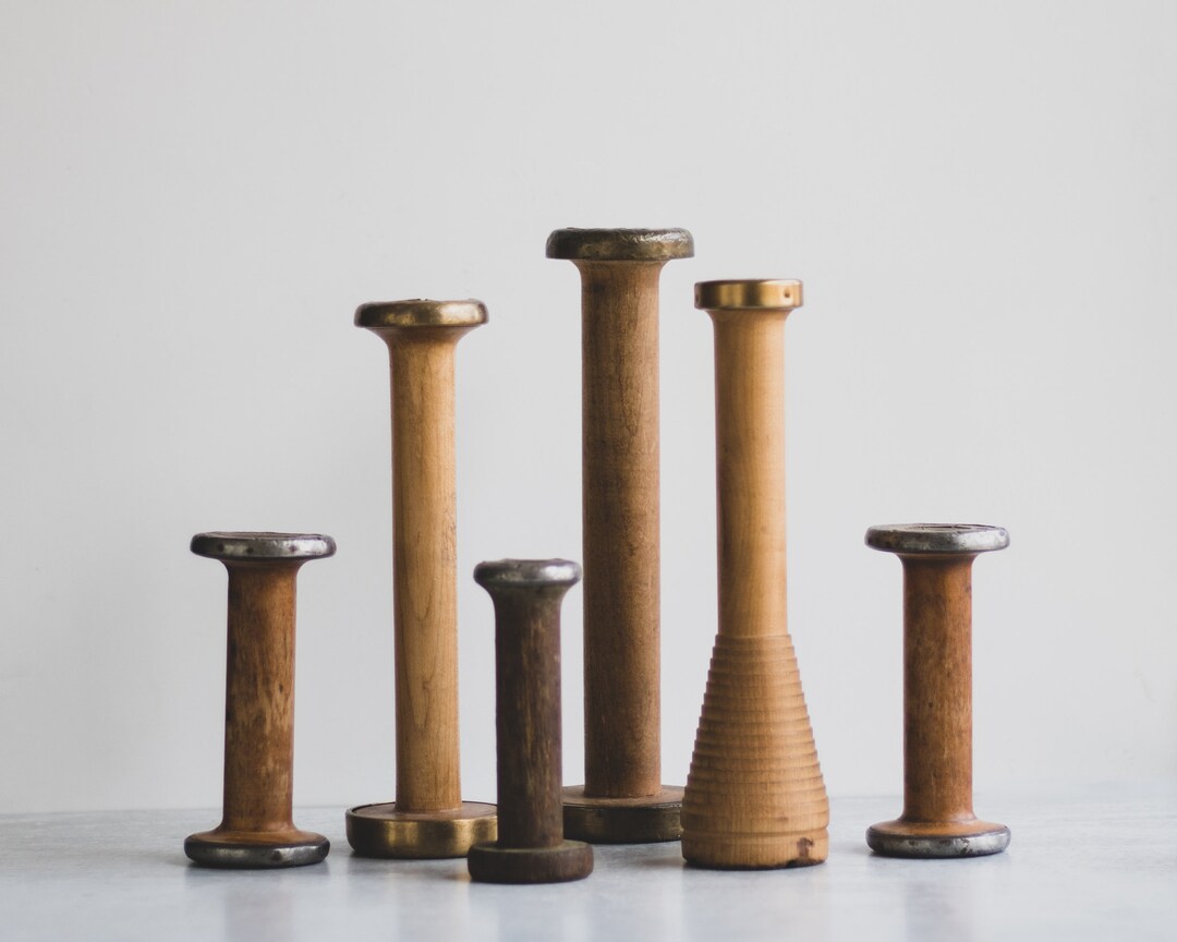 Assorted Antique Wooden Spool Candlesticks, Industrial Spool Candle