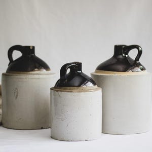 Assorted Antique Two Tone Stoneware Whiskey Jugs, Primitive Brown and Beige Ceramic Jug, Modern Farmhouse Pottery Jug, Rustic Kitchen Decor