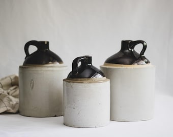 Antique Two Tone Stoneware Whiskey Jug: Primitive Farmhouse Decor