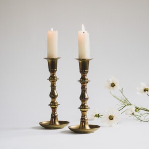 Set of 2 Large Vintage Brass Candle Sticks, Pair of Brass Candle Holders for Taper Candles, Modern Farmhouse Candlesticks Holders