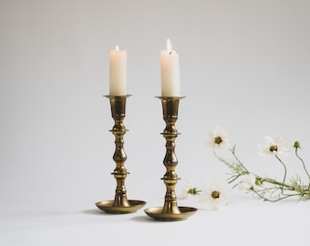 Set of 2 Large Vintage Brass Candle Sticks, Pair of Brass Candle Holders for Taper Candles, Modern Farmhouse Candlesticks Holders