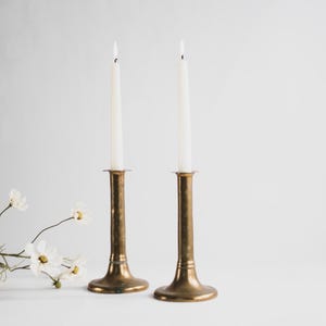 Set of 2 Antique Rustic Brass Candle Sticks, Pair of Brass Candle Holders for Taper Candles, Modern Farmhouse Candlesticks Holders Wabi Sabi