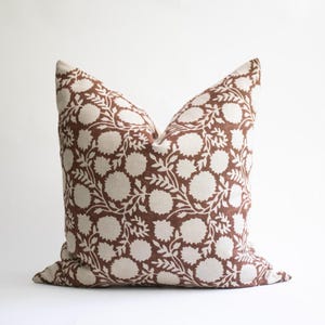 Rust Linen Floral Hand Block Pillow Cover, Block Printed Pillow, Designer Throw Pillows, Neutral Linen Pillows, Modern Farmhouse Decor