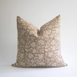 Light Brown Floral Block Print Pillow Cover, Designer Linen Throw Pillows, Neutral Hand Blocked Pillow Covers, Tan Modern Farmhouse Pillows