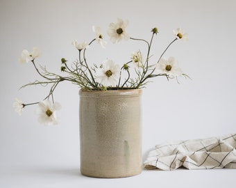 Tall Antique Beige Stoneware Crock Jar, Salt Glazed Primitive Crock for Utensils, Old Fermentation Crock, Rolling Pin Crock, Farmhouse Crock