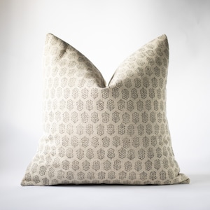 Floral Block Print Linen Pillow Cover: Black Beige Farmhouse Decor