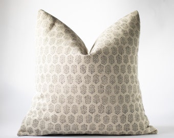 Floral Block Print Linen Pillow Cover: Black Beige Farmhouse Decor