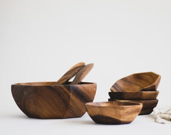 Vintage 7 Piece Wooden Salad Bowl Set, Octagonal Wood Salad Bowls, Teak Wood Salad Set, Modern Wooden Salad Bowls Set, Monkeypod Salad Bowls