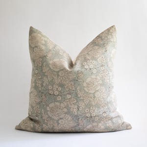 Blue Floral Block Print Pillow Cover, Neutral Block Printed Throw Pillows, Decorative Cushion Cover, Modern Farmhouse Designer Linen Pillow