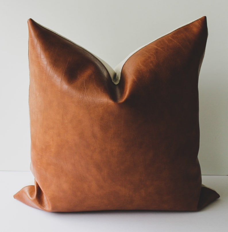 Faux Leather Pillow Cover Caramel, Boho Modern Farmhouse Minimalist Throw Pillows, Realistic Vegan Leather Pillow image 2