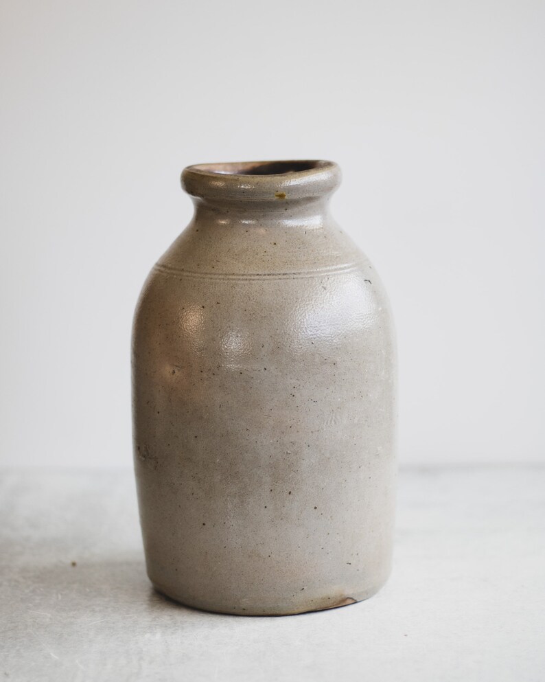 Primitive Salt Glazed Stoneware Jar, Beige Ceramic Crock Vase, Modern Farmhouse Pottery, Antique Stoneware Pottery Vase image 4