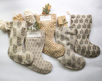 Neutral Linen Christmas Stockings with Personalization, Block Printed Holiday Stocking: Modern Farmhouse Decor