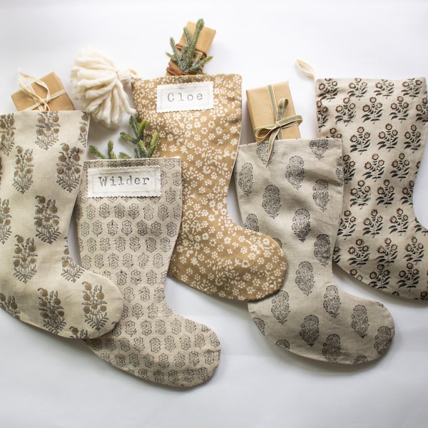 Neutral Linen Christmas Stockings with Personalization, Block Printed Holiday Stocking: Modern Farmhouse Decor