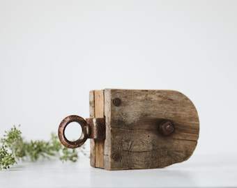 Antique Wood and Metal Pulley | Rustic Primitive Modern Farmhouse Decor | Industrial Light
