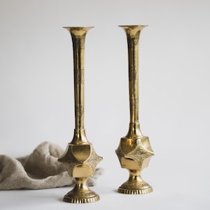 Pair of Vintage Mid Century Modern Etched Brass Vases, Tall Bohemian Wedding Vases, Modern Farmhouse Wedding Centerpiece