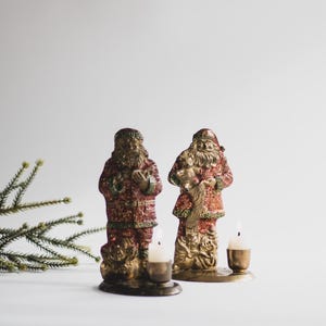 Pair of Red and Green Brass Santa Claus Candlesticks, Traditional Christmas Decor, Nostalgic Holiday Candle Holders, Christmas Taper Holders