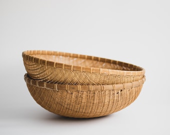 ヴィンテージアジアン蓋付き入れ子バスケット3個セット、オーガニック