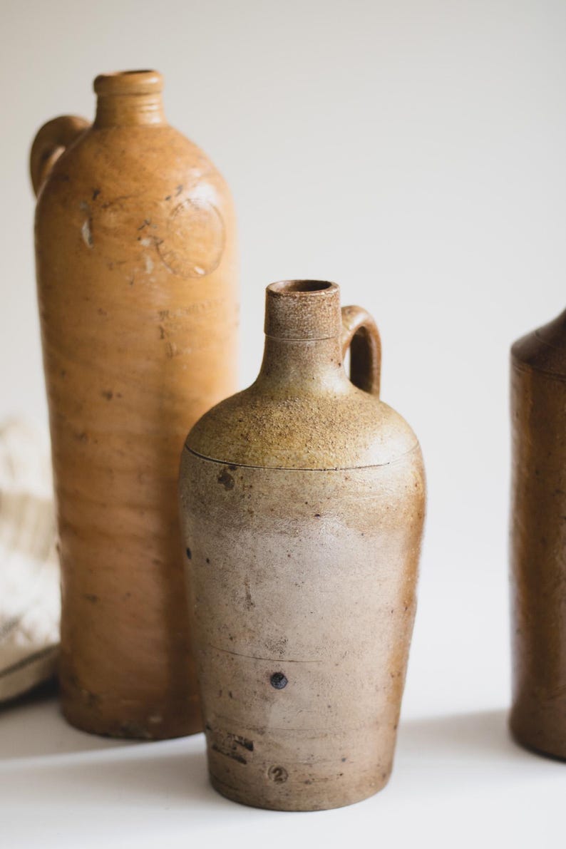Assorted Antique European Stoneware Bottles: Rustic Farmhouse Pottery from Portugal, Germany + Amsterdam image 6
