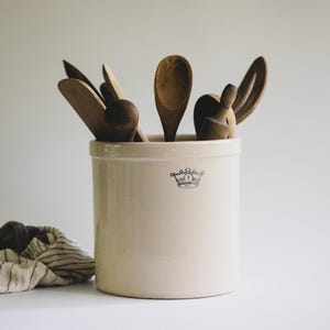 Antique Stoneware Crock with Crown: Farmhouse Kitchen Utensil Holder