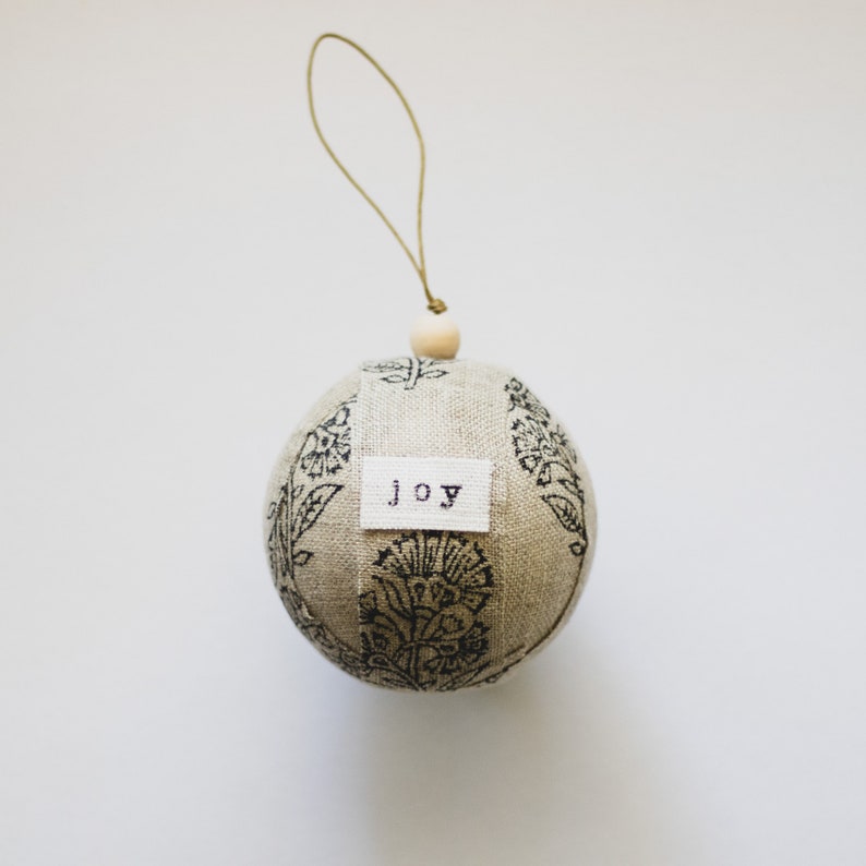 Linen Christmas Ornament, Neutral Handmade Block Print Ornaments, Modern Farmhouse Holiday Decor, Hand Block Fabric Christmas Decorations j o y