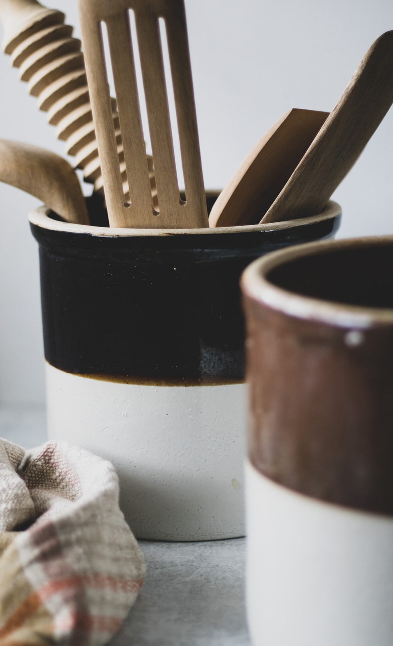 Assorted Antique Dipped Stoneware Crocks for Utensils, Modern Farmhouse Pottery, Vintage Brown Crock, Kitchen Utensil Holder image 5