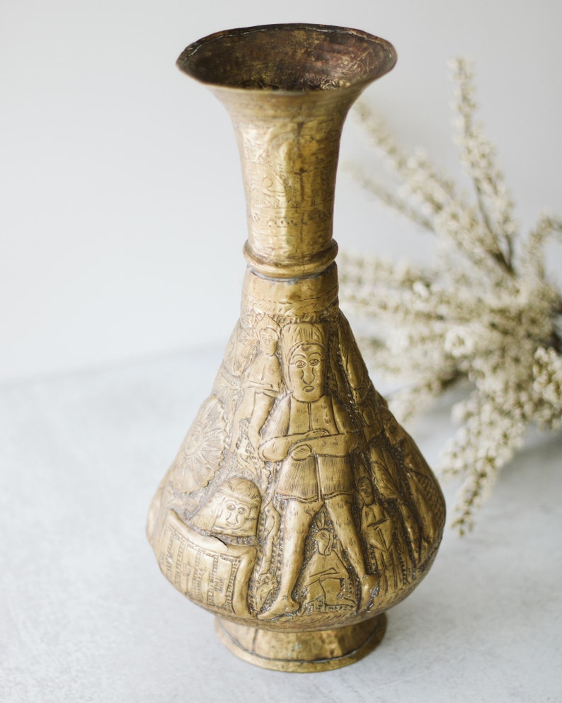 Antique Hebraique Revival Brass Vase Egyptian Brass Vase Etsy