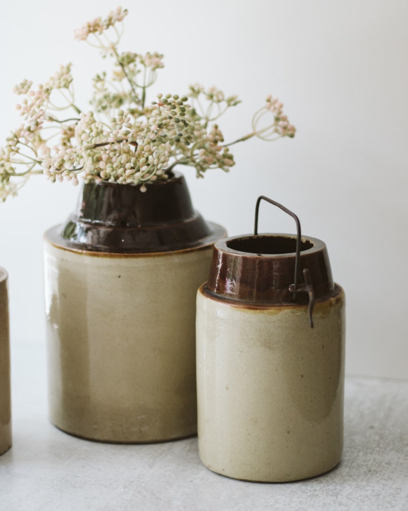 Assorted Small Vintage Dipped Stoneware Crock Jars, Antique Stoneware Canning Jars, Small Ceramic Crock Vase image 2