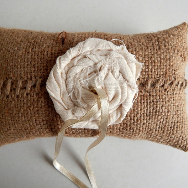 Burlap Ring Bearer Pillow with Cream Linen Rosette - Rustic Chic Wedding Accessory - Repurposed Coffee Sack