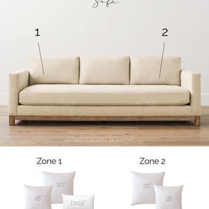 May include: A beige sofa with a wooden base and text reading COVER SIZING Sofa, HABITATION BOHEME, Zone 1, Zone 2, and pillow cover sizes 20", 18", 11x19", and 20", 18". Text states: Sizing shown is for pillow covers. Inserts should be 1-2 inches LARGER!
