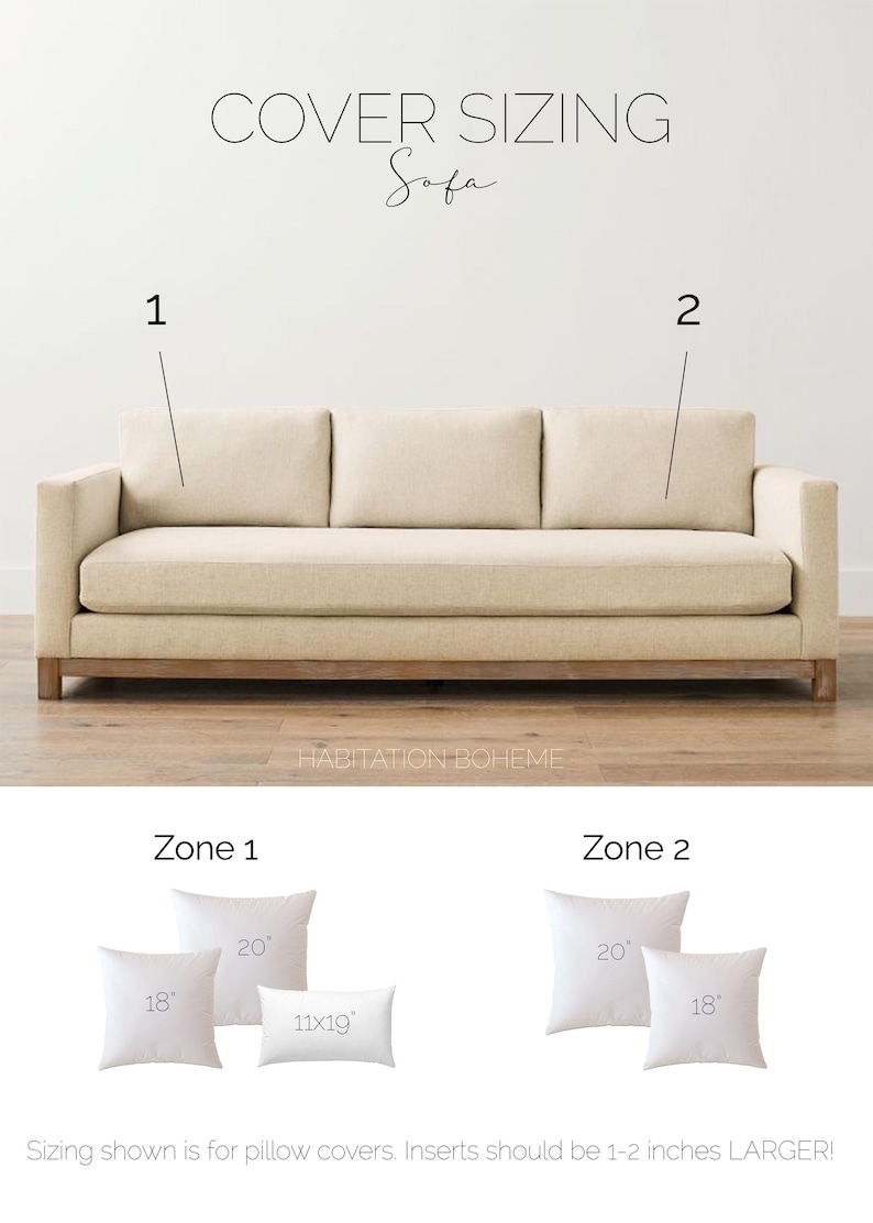 May include: A beige sofa with a wooden base and text reading COVER SIZING Sofa, HABITATION BOHEME, Zone 1, Zone 2, and pillow cover sizes 20", 18", 11x19", and 20", 18". Text states: Sizing shown is for pillow covers. Inserts should be 1-2 inches LARGER!