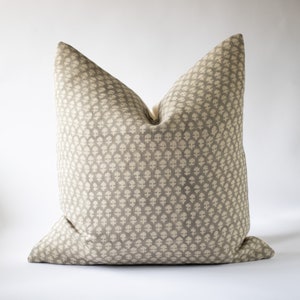 Gray Floral Block Print Pillow Cover, Neutral Hand Blocked Cushion Cover, Decorative Throw Pillow, Designer Pillows, Linen Pillow Covers