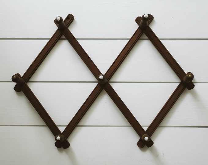 Antique Wooden Accordion Peg Rack With Porcelain Knobs Expandable Wood