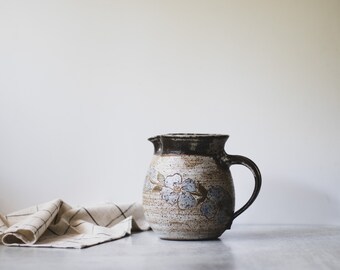 Small Handmade Ceramic Pitcher with Flowers, Stoneware Pitcher, Ceramic Creamer, Cottage Core Studio Pottery, Modern Farmhouse Kitchen Decor