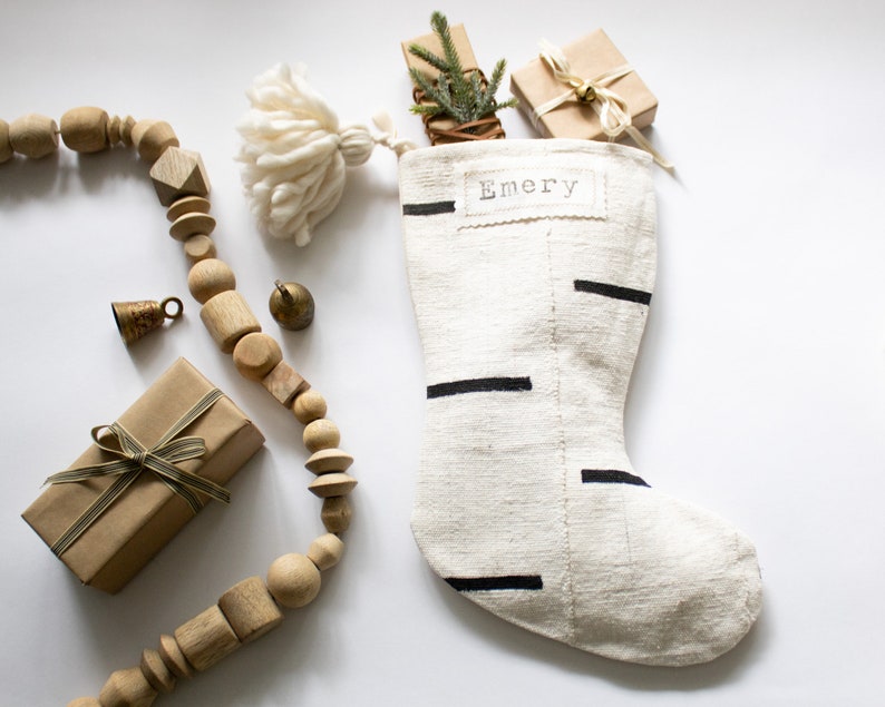 White and Black Christmas Stockings Personalized, Mud Cloth Stockings White, Modern Boho Holiday Decor, Neutral Family Stockings Mudcloth image 3
