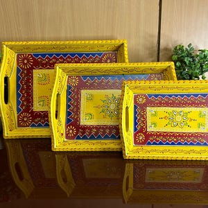 Wooden Multicolor Hand painted Serving Tray Set Of 3
