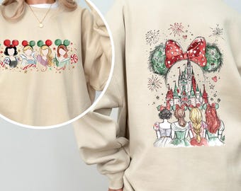 2-seitiges Aquarell Disney Schloss Prinzessin Weihnachtshemd, Disney Prinzessin Ariel Belle Aurora glücklich immer nach dem T-Shirt, sehr frohe Weihnachtsfeier