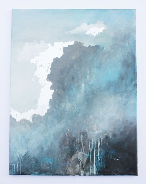 Acrylic Painting Gray Silver Leaf Abstract Clouds Original Etsy