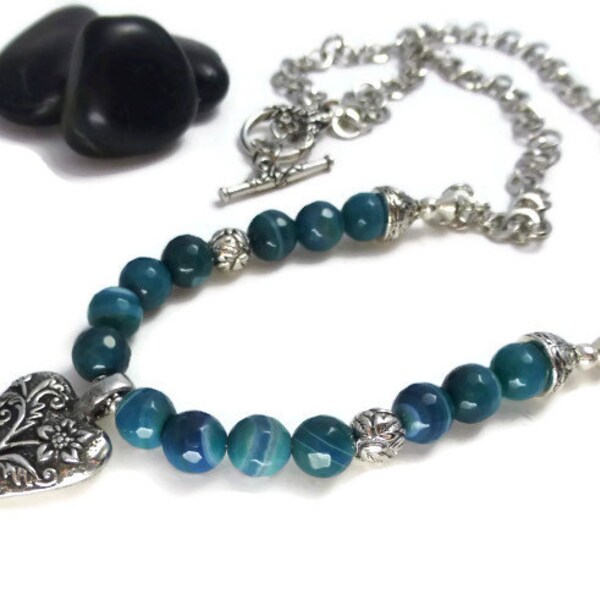 Blue Stone Necklace, Blue Quartz Necklace, Pendant Necklace, Floral, Heart, Blue Green Quartz