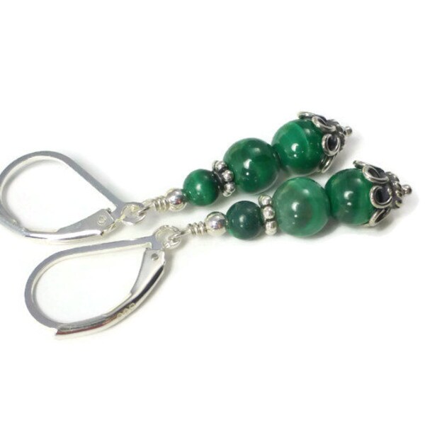 Malachite Earrings, Malachite Jewelry, Green Stone Earrings, Silver Jewelry, Genuine Malachite Jewelry, Dangle Earrings