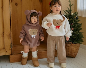 Baby Fleece Bear Onesie | Toddler Winter Warm Embroidered Teddy Sherpa Overall & Sweatshirt