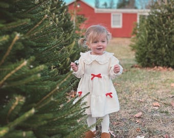 Baby Girl Christmas Fleece Dress, Red Bow Holiday Outfit
