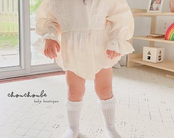 Ivory Cotton Baby Romper | Long Sleeve, Lace Embroidery