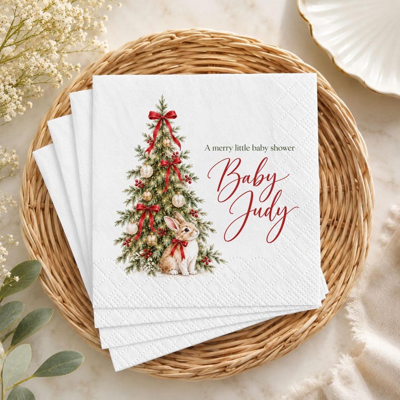 A Merry Little Baby Shower Napkins, Custom Christmas Bunny Napkins ...