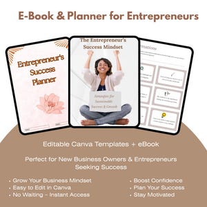 Op de afbeelding: Een e-book en planner voor ondernemers. De omslag van de planner toont "Entrepreneur's Success Planner" met een roze bloemillustratie. De e-book cover toont een vrouw met opgeheven armen, die een bord vasthoudt met "Strategies for Sustainable Success & Growth."