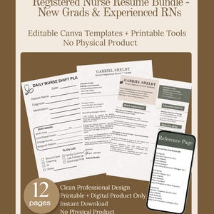 May include: A digital download bundle for registered nurses, featuring resume templates and printable tools. The design includes a daily nurse shift plan, resume examples, and a reference page. The text includes "Registered Nurse Resume Bundle" and "Instant Download."