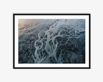 Stampa fotografica aerea del paesaggio fluviale islandese, poster di viaggio