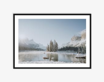 Spirit Island Jasper, Fotografia di paesaggi invernali, Stampa delle Montagne Rocciose canadesi