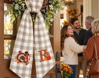 Personalized Thanksgiving Turkey Wreath Sash, Custom Embroidered Fall Monogram Bow, Neutral Plaid Front Door Decor, Thanksgiving Hostess Gif