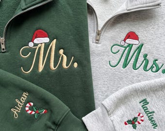 Custom Embroidered Mr & Mrs Christmas Quarter Zip Sweatshirts, Personalized Matching Couple Pullovers, Newlywed Christmas Gift, Couple Gift