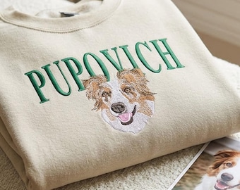 Custom Embroidered Pet Portrait Sweatshirt, Personalized Dog Mom and Dad Gift, Newlywed Gift for Pet Lovers